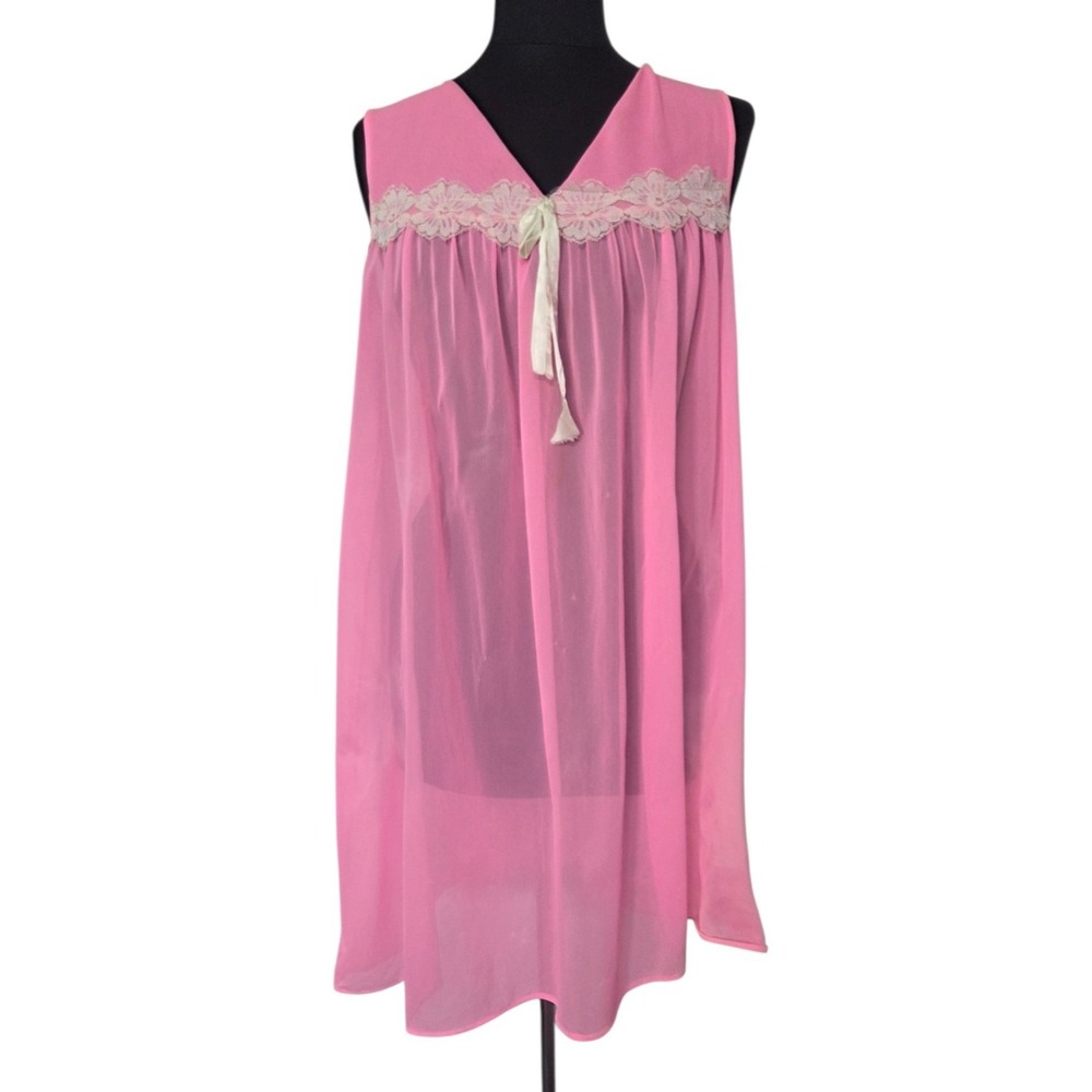 Vintage 1960's Hot Neon Pink Sheer Nylon Babydoll Lace Ribbon Nightgown Size M